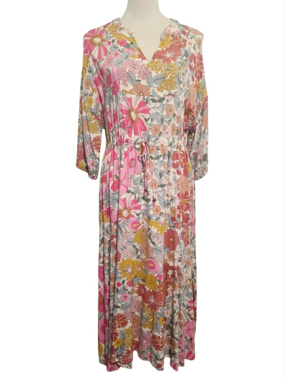 Entro Floral Maxi Dress Women Medium Boho Cottagecore 3/4 Sleeve V Neck Lined - Picture 3 of 11